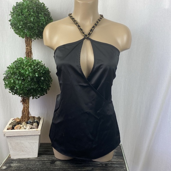 Cache Black Sleeveless Chain Trim Plunge Front Top Blouse XS NEW - Picture 3 of 7